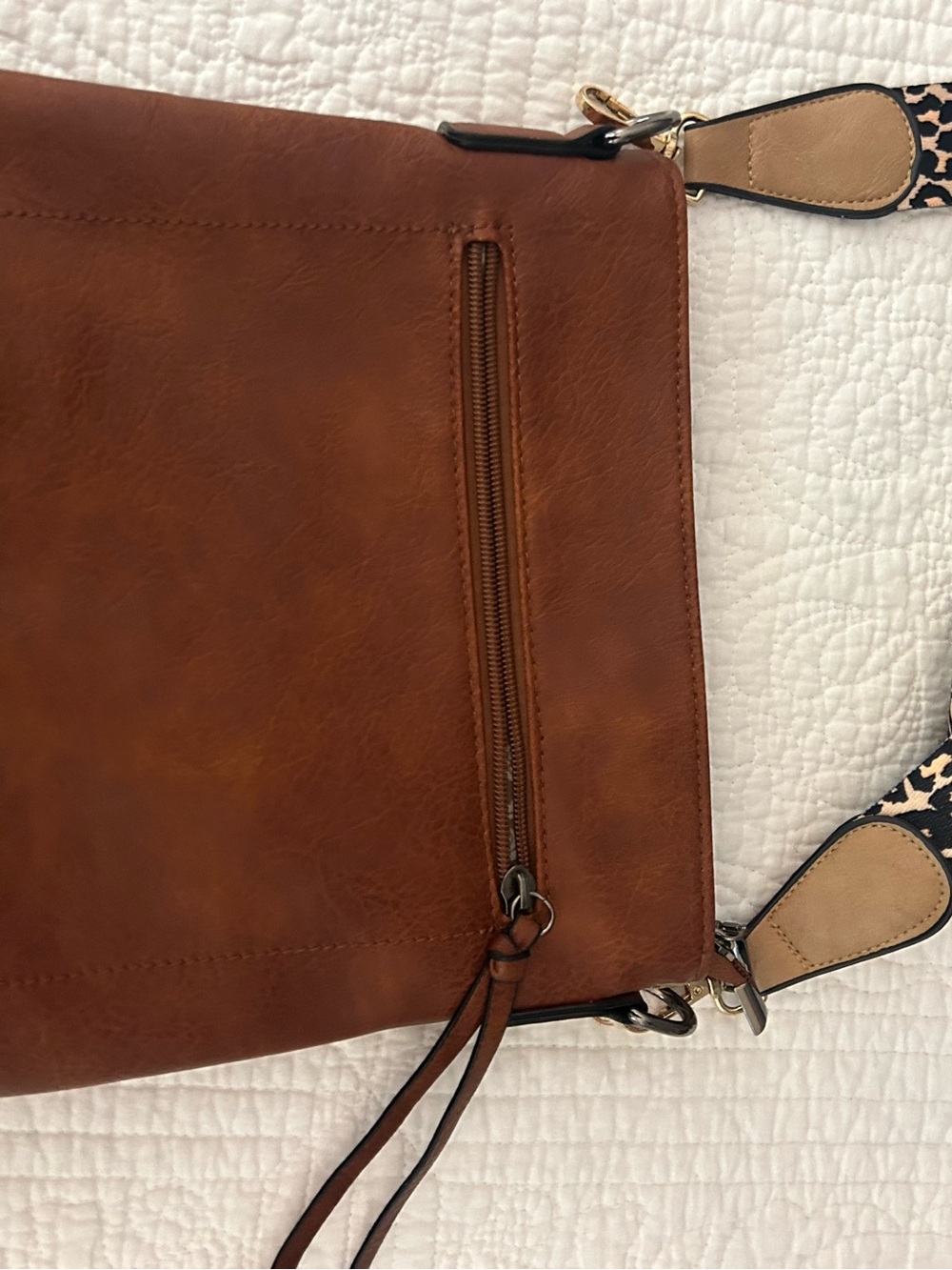 Leather Crossbody Bag with Leopard Strap - Brown - Picture 2 of 5